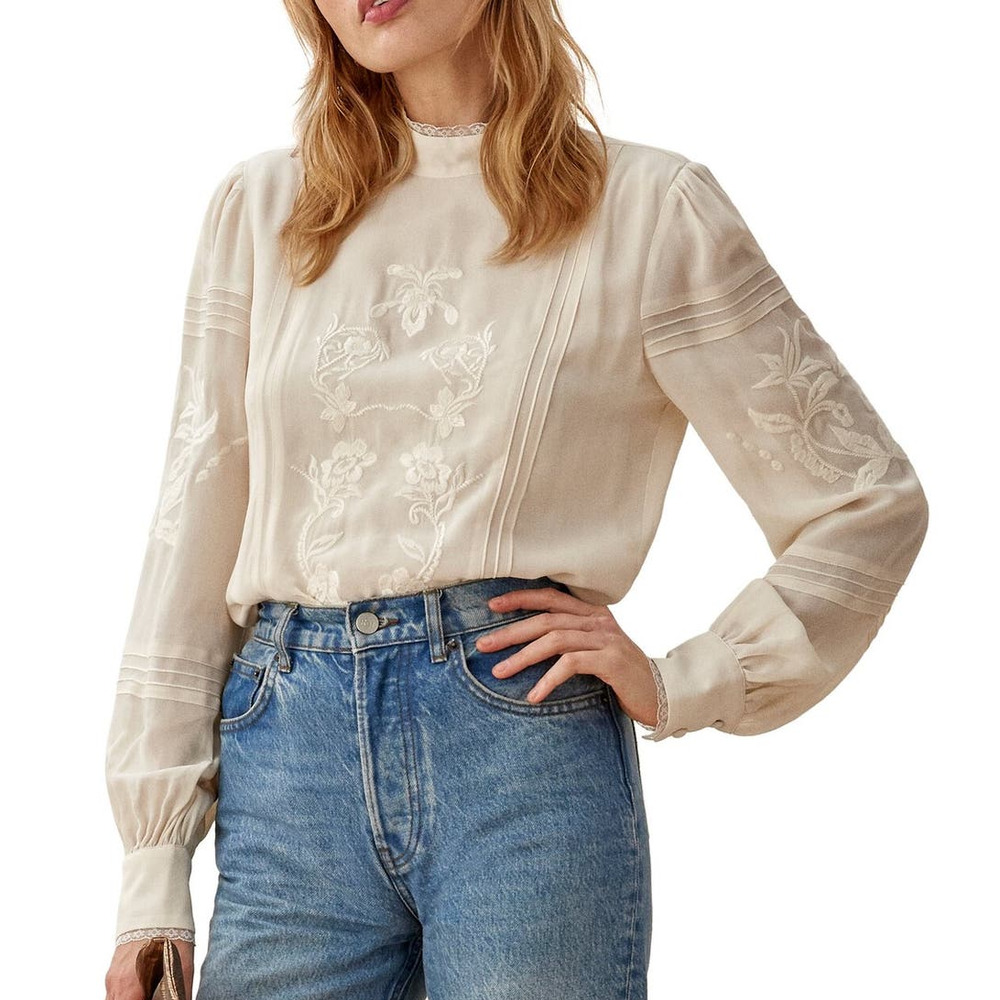 Reformation Cream Embroidered Blouse